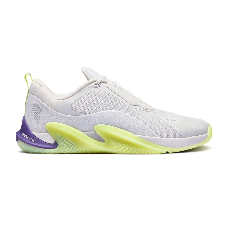 White and neon green athletic shoe.