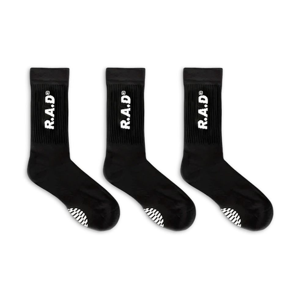Three black socks with white lettering.