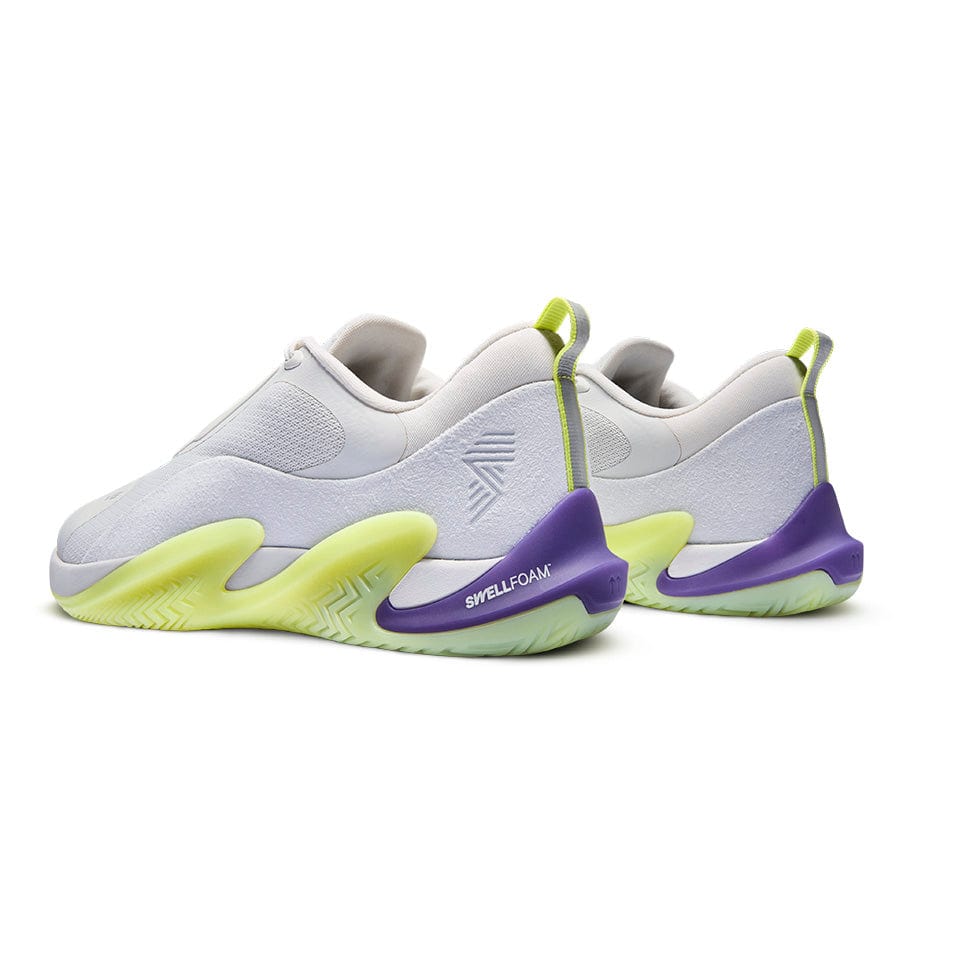White and purple athletic shoes.