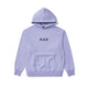 Lavender hooded sweatshirt with ’R.A.D’ printed on the chest.