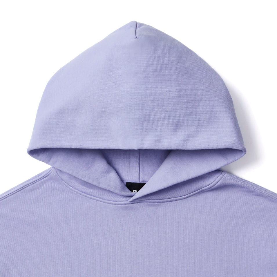 Lavender-colored hooded sweatshirt.