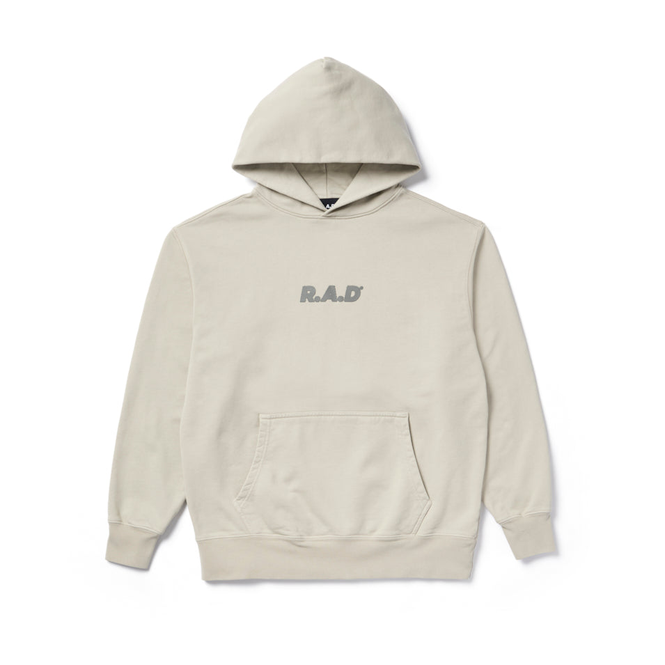 Beige hooded sweatshirt.