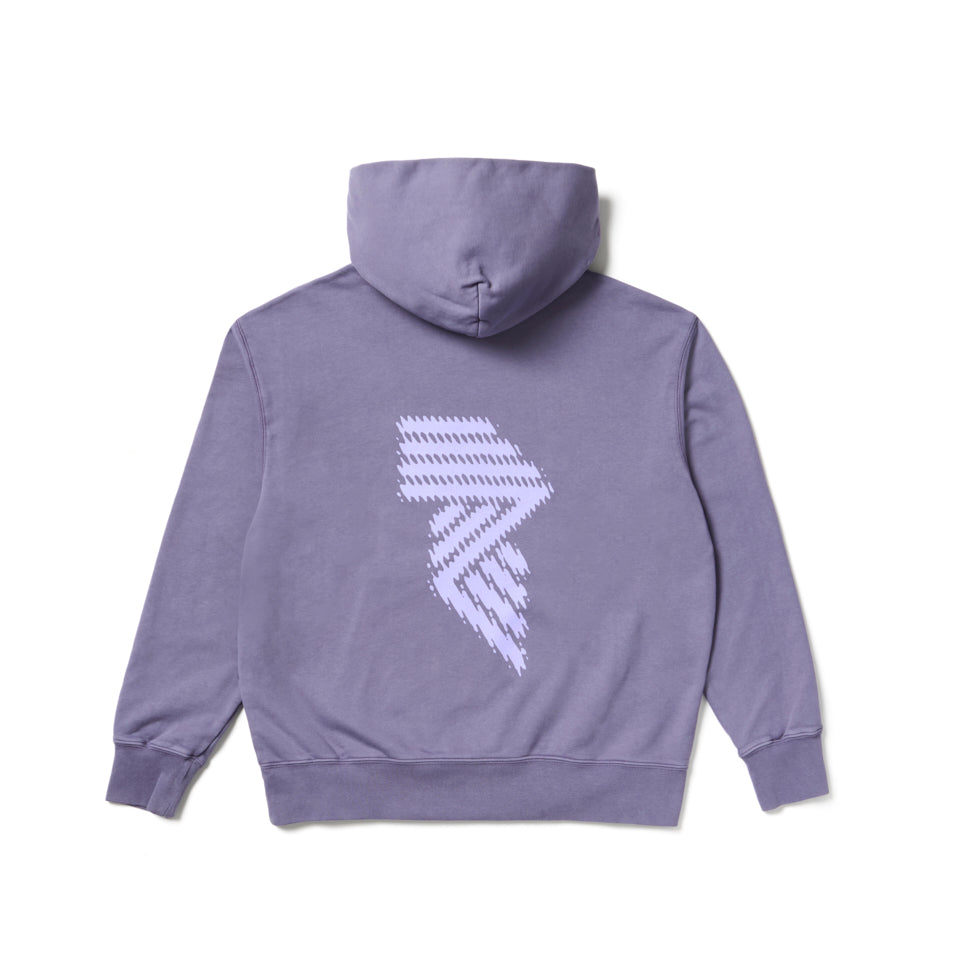 Lavender hoodie with abstract design.