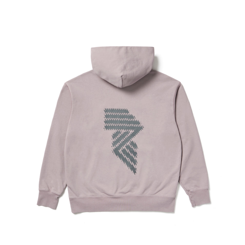 Lavender hoodie with geometric design.