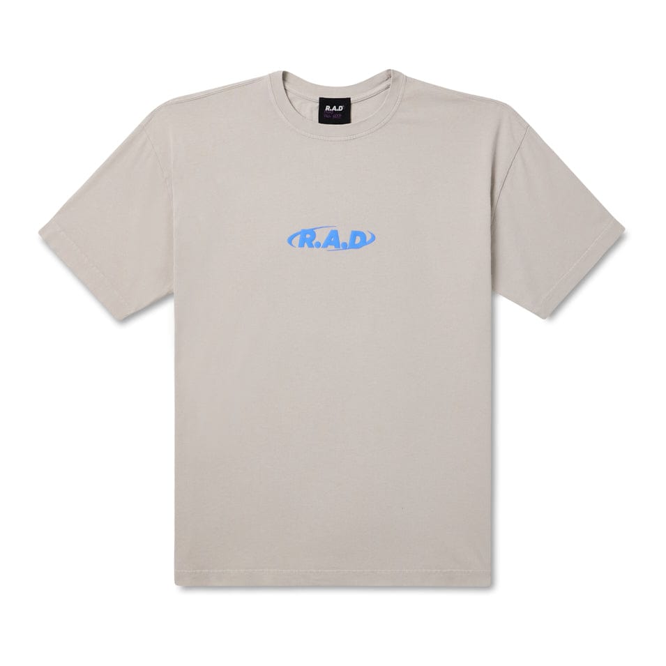Beige t-shirt with blue logo.