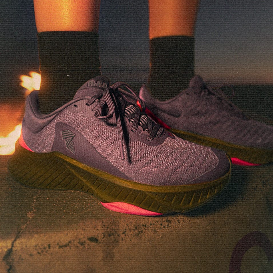 Gray running shoes.