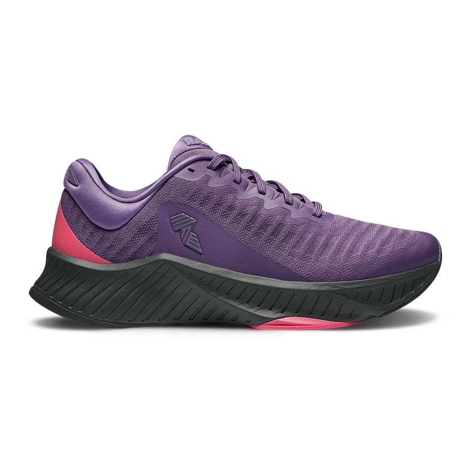Purple running shoe with black sole.