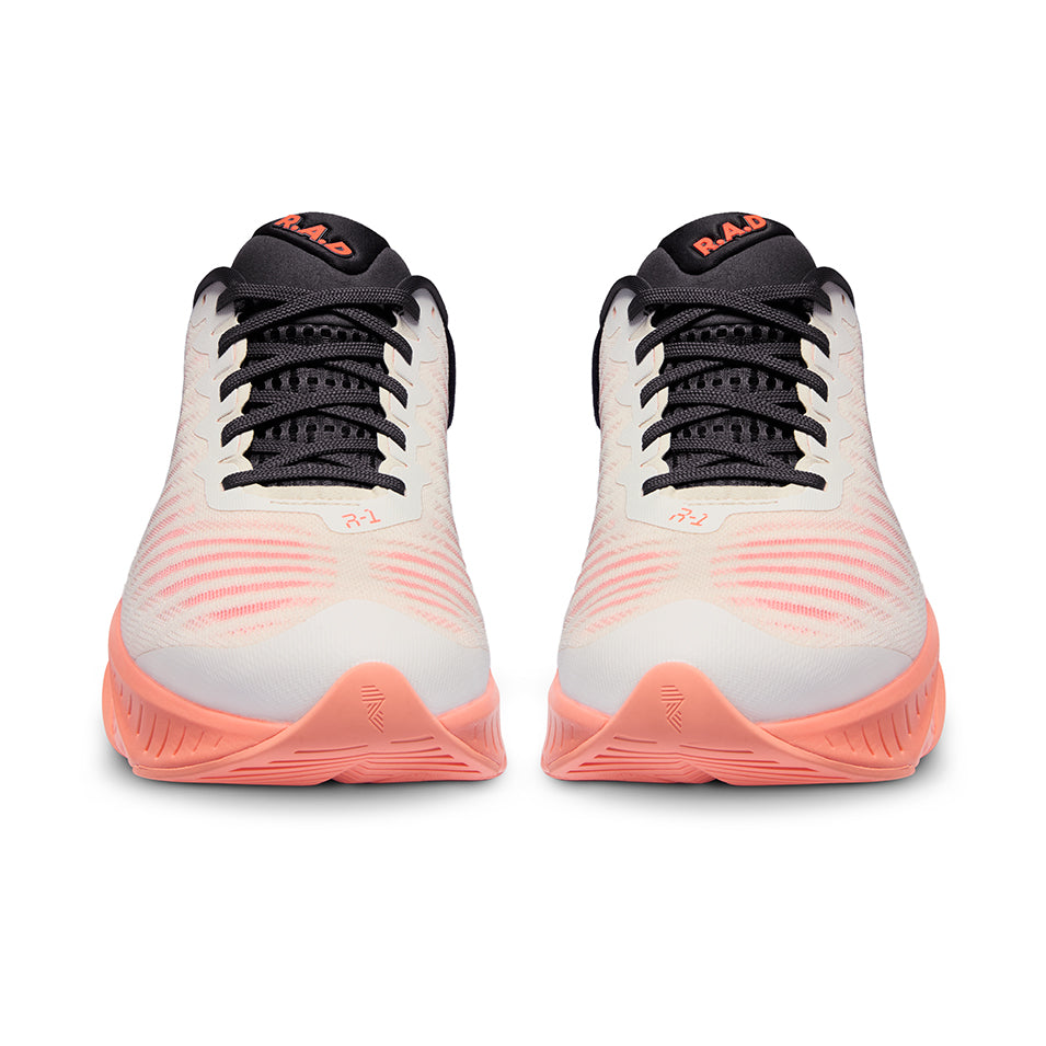 Pair of white and pink running shoes for R.A.D R-1 FLOWER GLOW product display