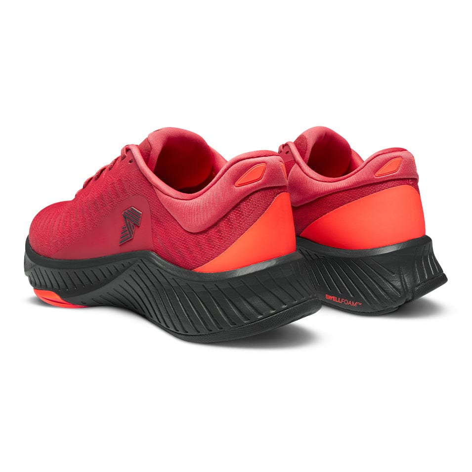 Red and black running shoes.
