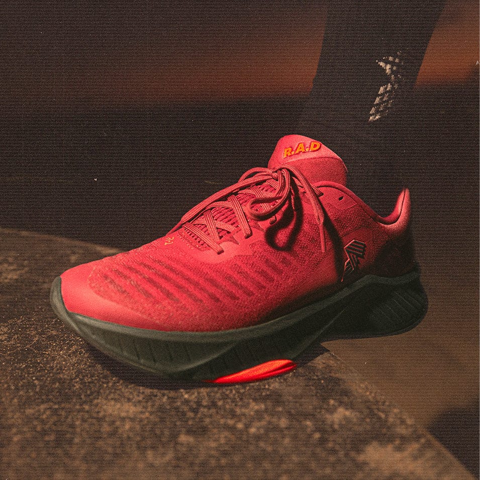 Red running shoe.