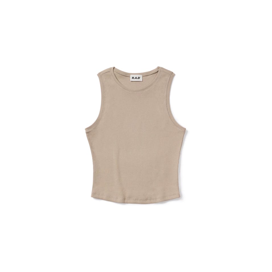 Sleeveless beige ribbed knit top.