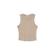 Sleeveless beige ribbed knit top.