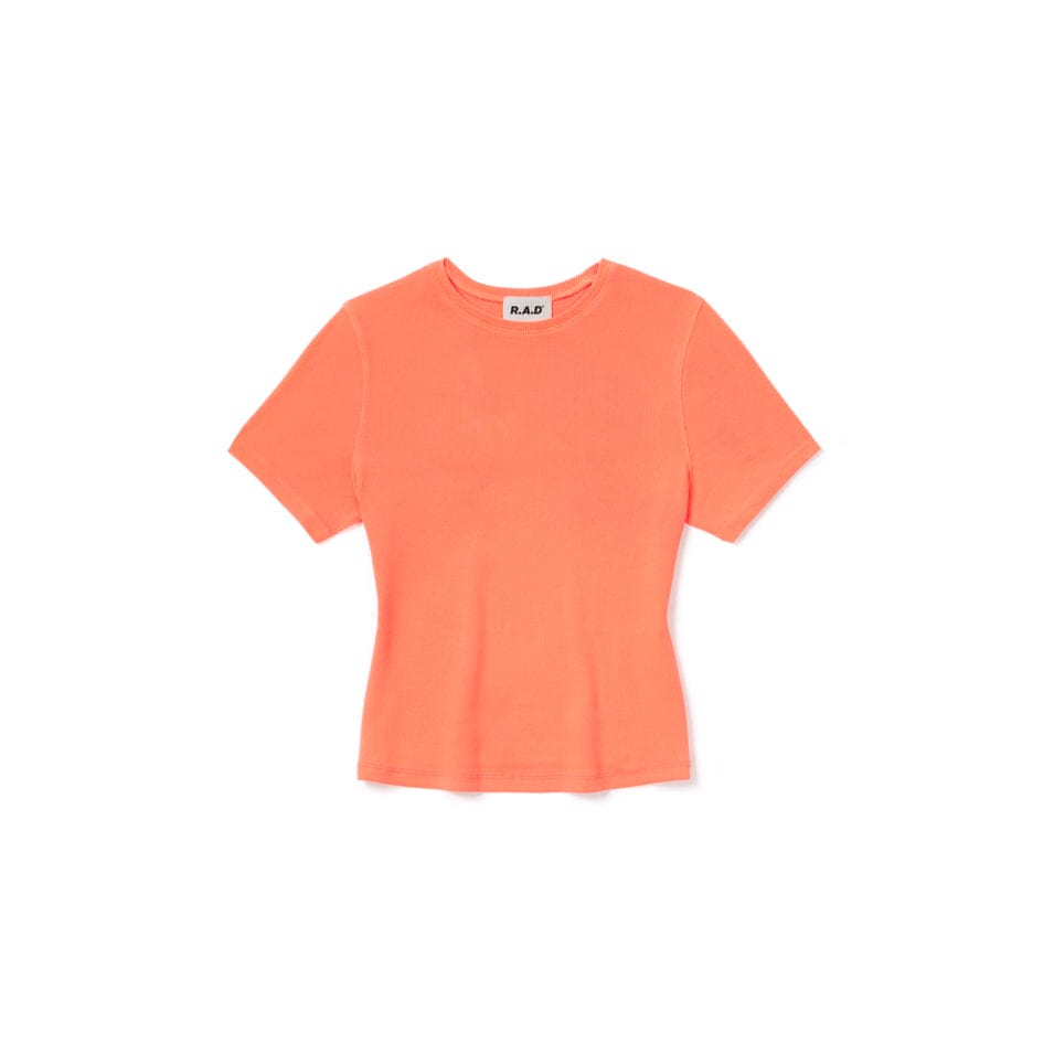 Coral-colored, short-sleeved, fitted t-shirt.
