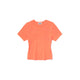 Coral-colored, short-sleeved, fitted t-shirt.
