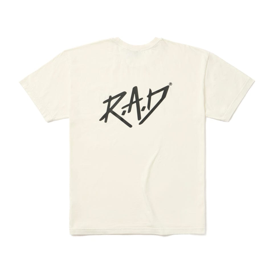 Off-white t-shirt with ’RAD’ graphic.