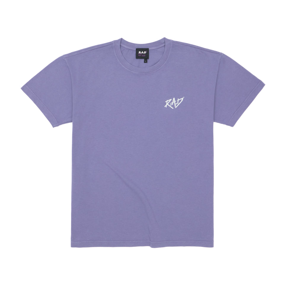 Lavender t-shirt with white logo.