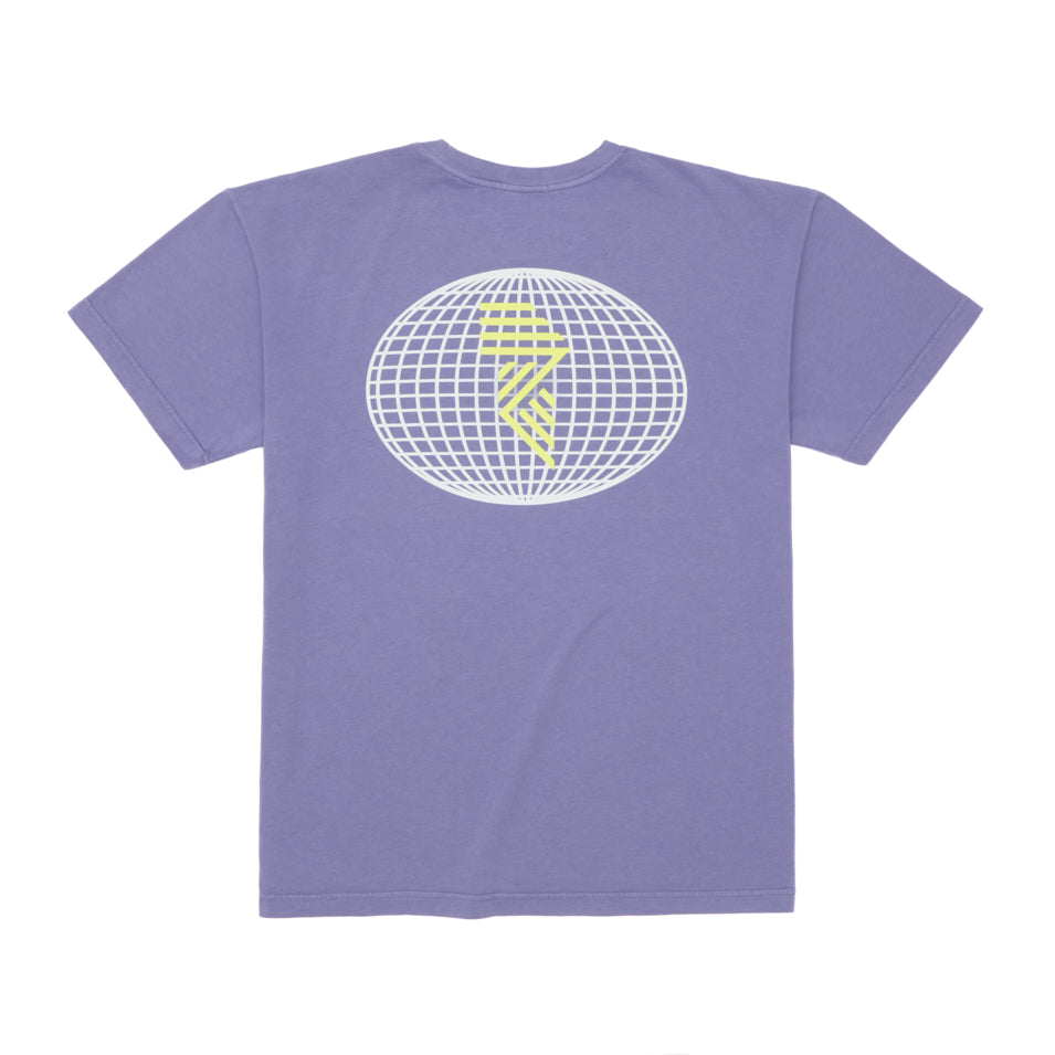 Purple t-shirt with a grid globe and lightning bolt design.
