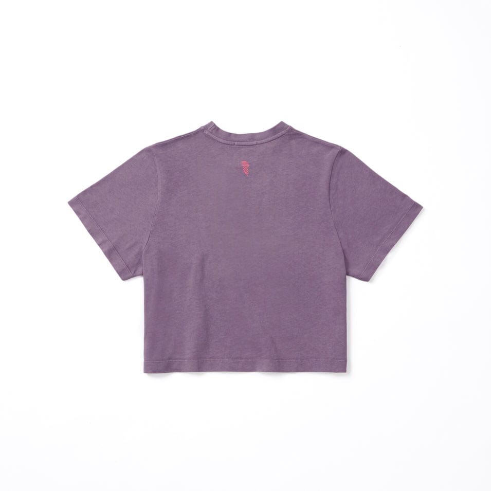 Purple cropped t-shirt.