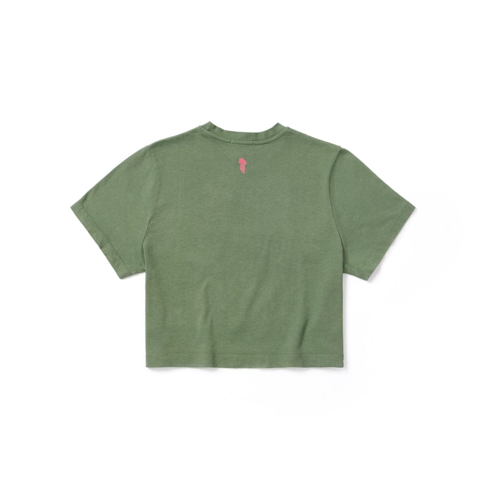 Olive green cropped t-shirt.