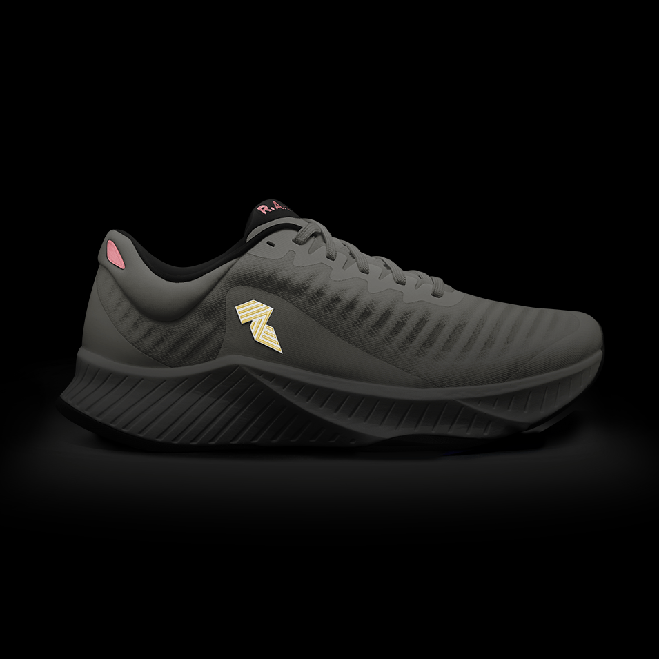 Gray running shoe.