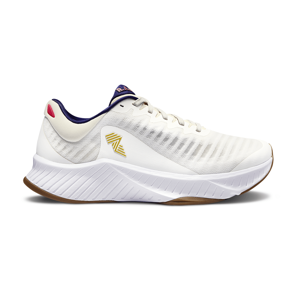 White running shoe with gold accent.